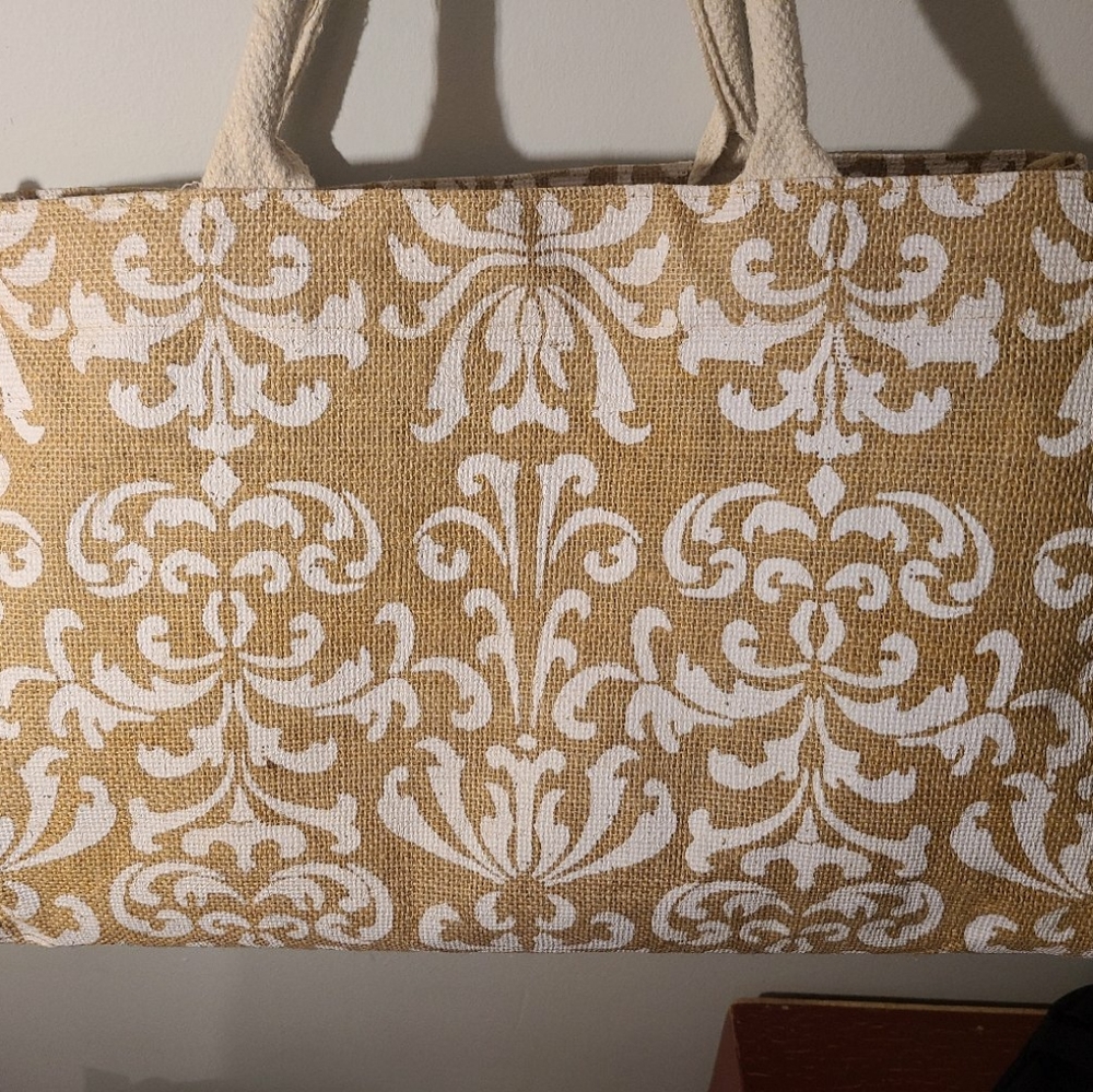Natural & Cream Damask Jute Handbag